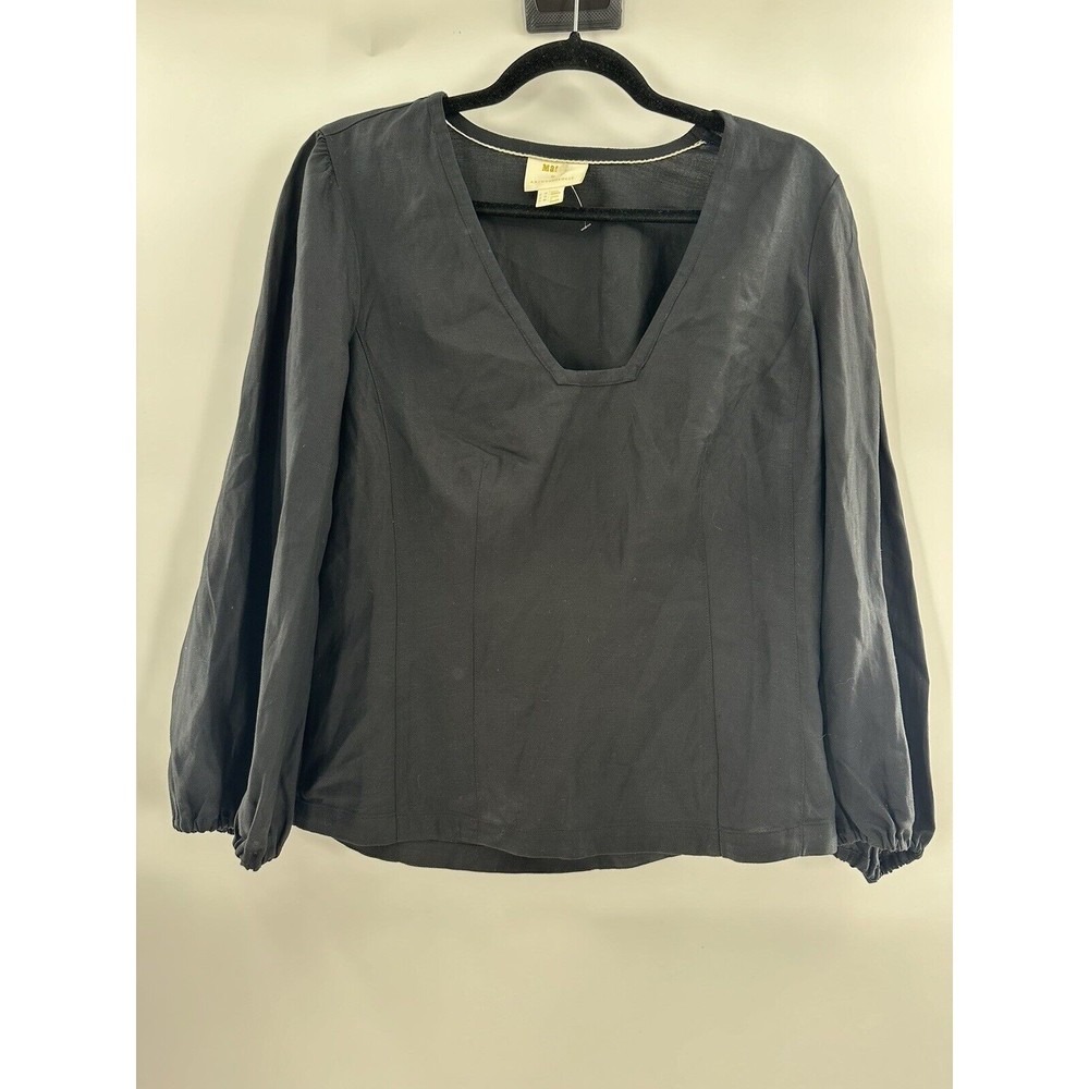 Anthropologie Maeve Linen Blend Square Neck Puff Sleeve Black Blouse 10 Business